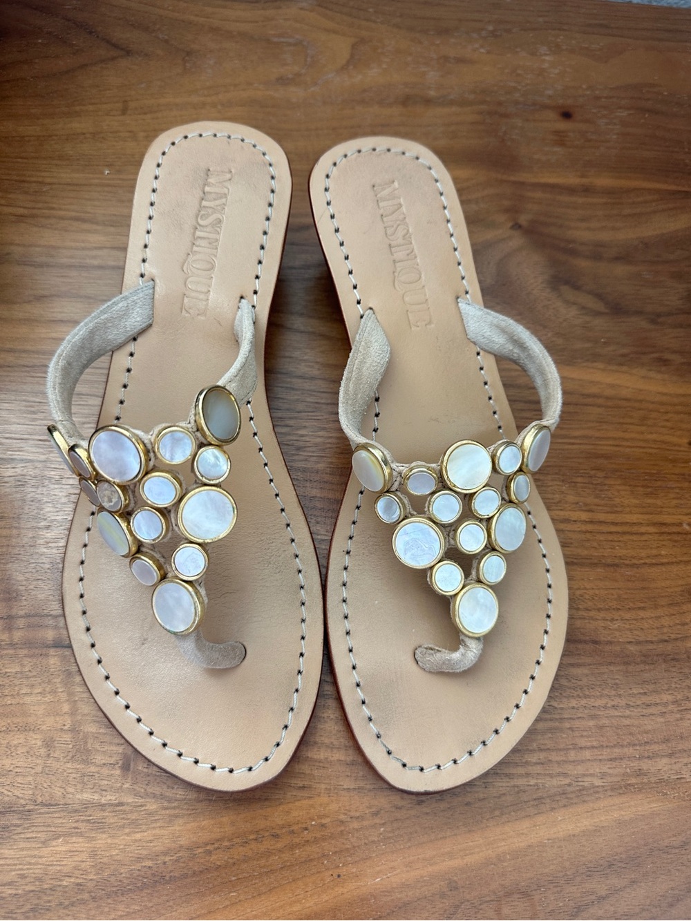 Mystique Boutique Beige Thong Sandals with Mother-of-Pearl Accents